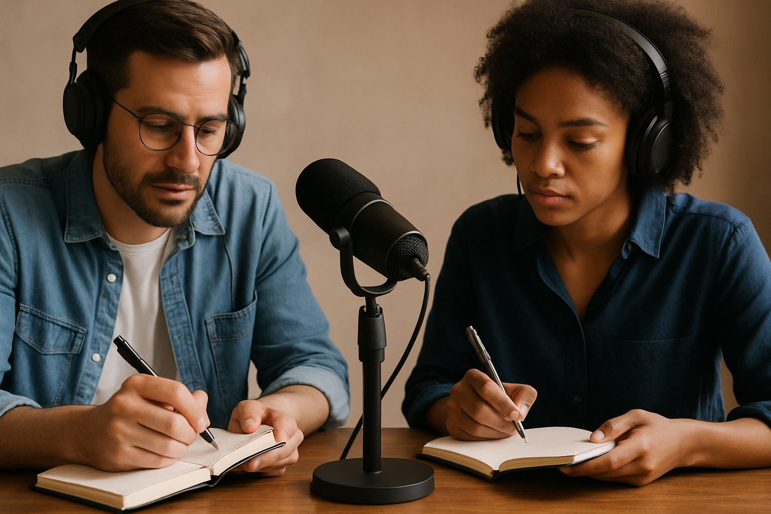 Listeners taking notes during a podcast